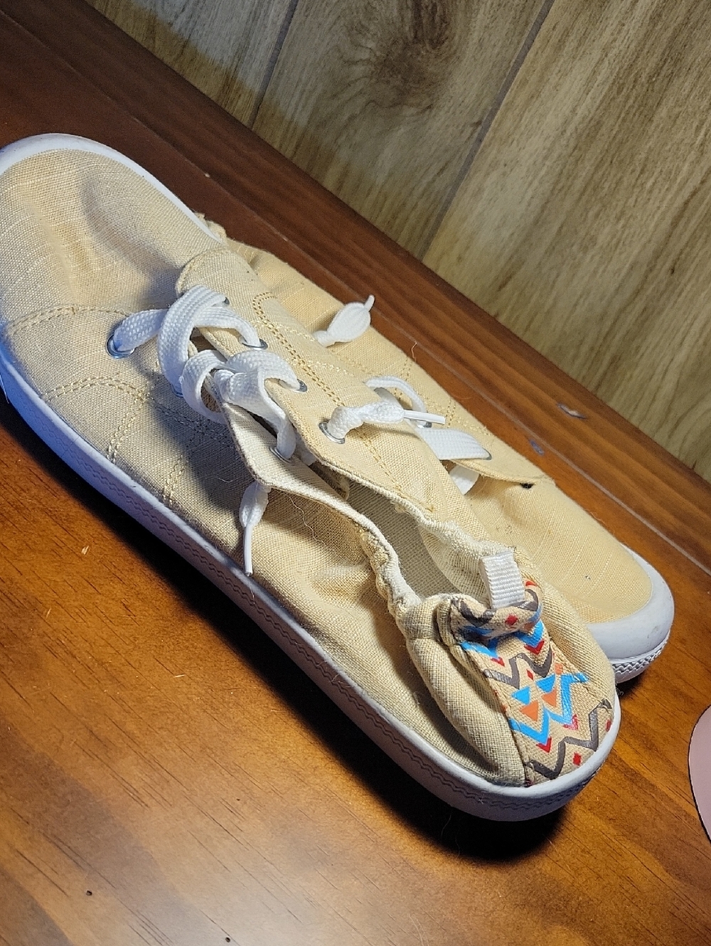 Ashley Blue Beige Canvas Sneakers with White Soles and Multicolor Chevron Accent